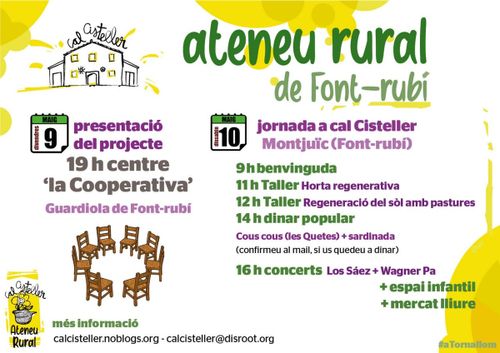 ateneu rural de font-rub铆. dos dies d'activitats. dibuixats, un cercle de cadires, cal cisteller amb lletra lligada