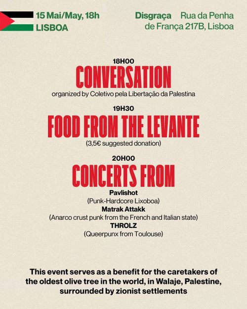 Benefit for Palestine: 77+ years of Nakba [conversa, jantar, concertos]