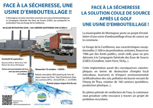 contre l'usine d'embouteillage à Montagnac : les nouveaux RDV de l'association Veille Eau Grain