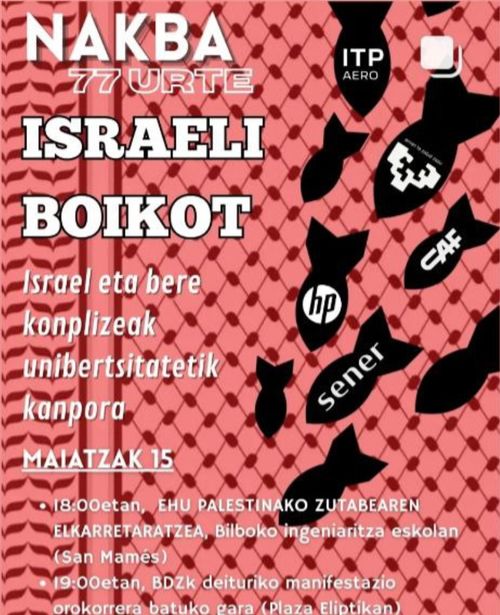 NAKBA 77 URTE. ISRAELI BOIKOT. Israel eta bere konplizeak unibertsitatetik kanpora.